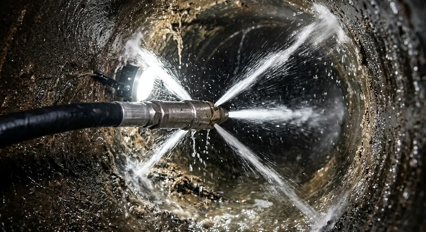 High-pressure hydro jetting nozzle cleaning sewer pipe for Trenchless Sewer Repair in Allentown