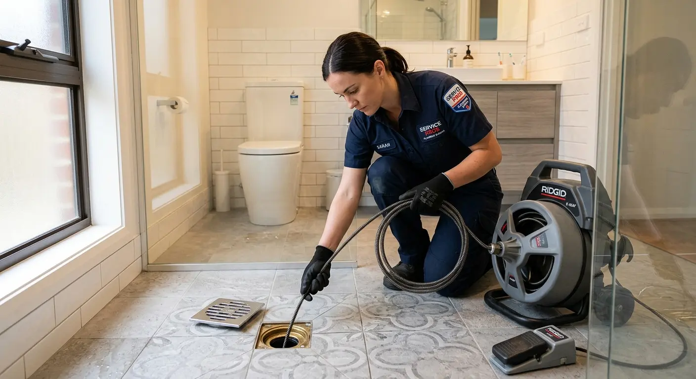 Technician clearing a bathroom floor drain for Drain Cleaning in Allentown
